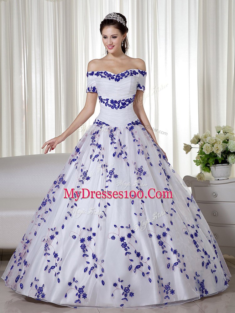 White Short Sleeves Organza Lace Up Quinceanera Dress for Military Ball and Sweet 16 and Quinceanera