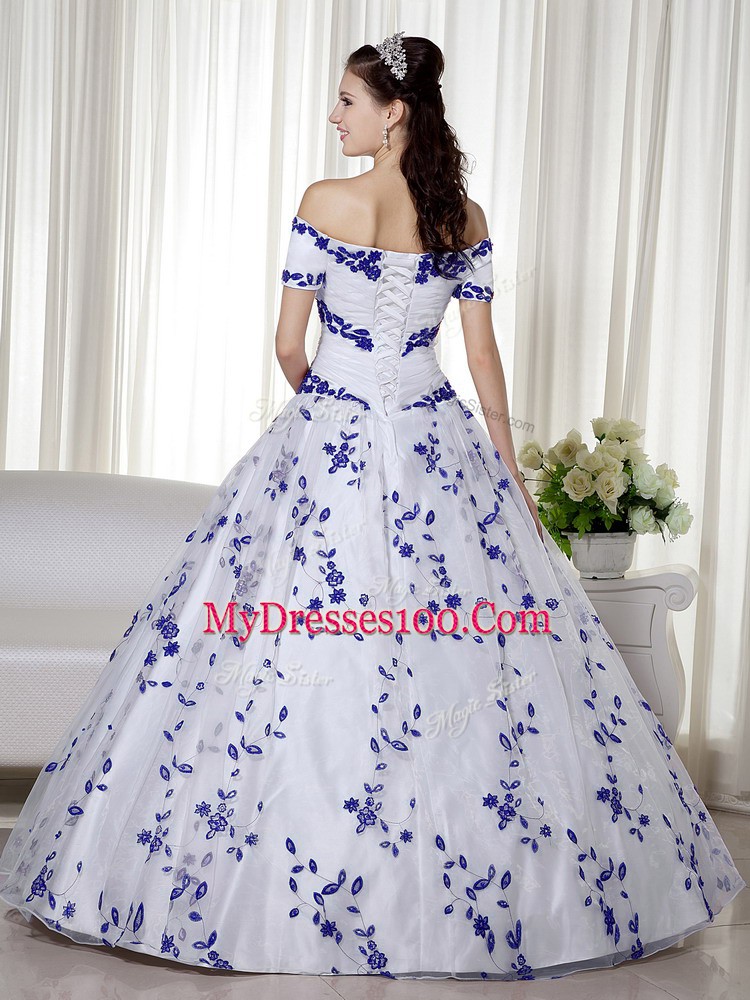 White Short Sleeves Organza Lace Up Quinceanera Dress for Military Ball and Sweet 16 and Quinceanera
