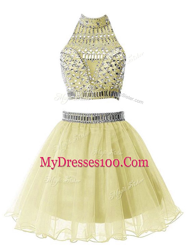 Charming High-neck Sleeveless Zipper Quinceanera Dama Dress Yellow Organza