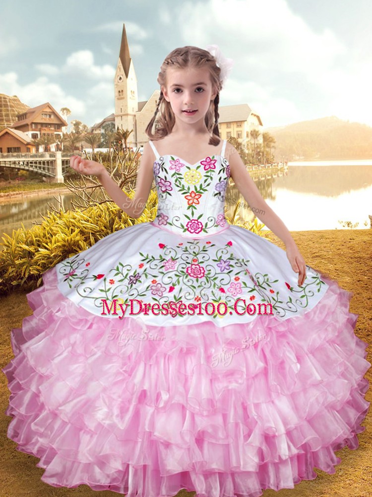 Sleeveless Organza and Taffeta Floor Length Lace Up Little Girl Pageant Dress in Rose Pink with Embroidery and Ruffled Layers