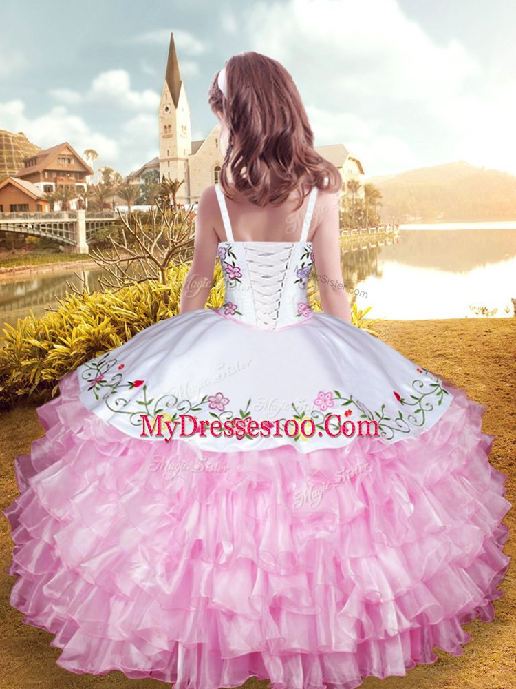 Sleeveless Organza and Taffeta Floor Length Lace Up Little Girl Pageant Dress in Rose Pink with Embroidery and Ruffled Layers