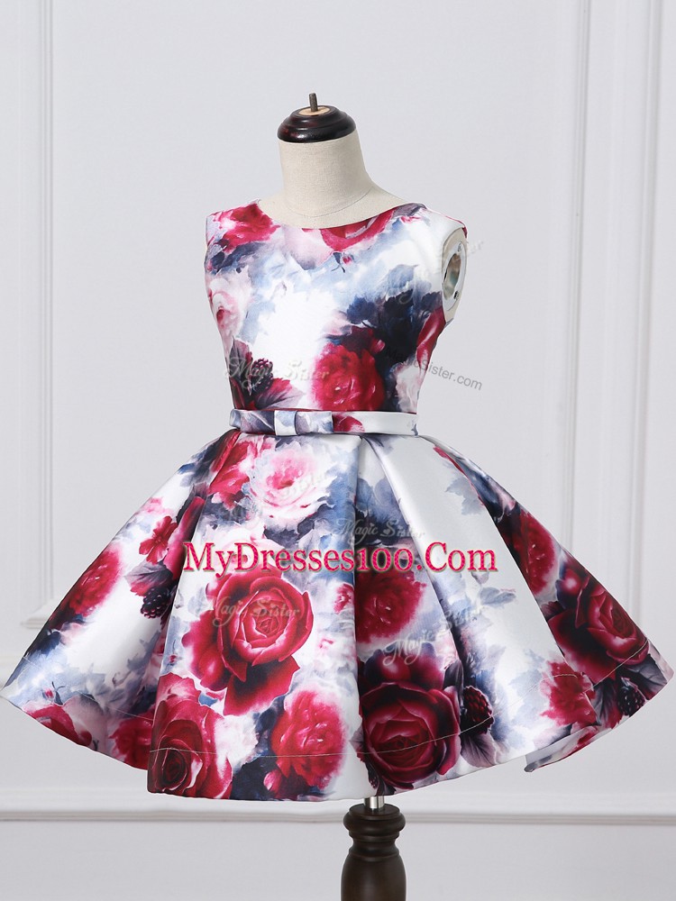 Simple Multi-color Ball Gowns Pattern and Belt Kids Formal Wear Zipper Printed Sleeveless Mini Length
