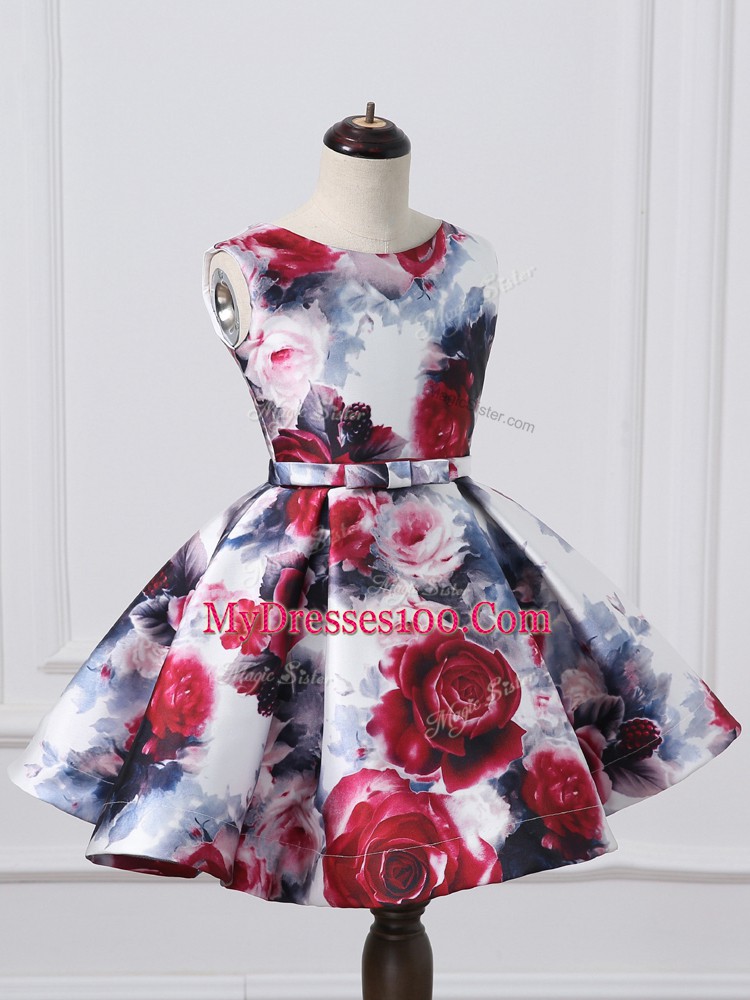 Simple Multi-color Ball Gowns Pattern and Belt Kids Formal Wear Zipper Printed Sleeveless Mini Length