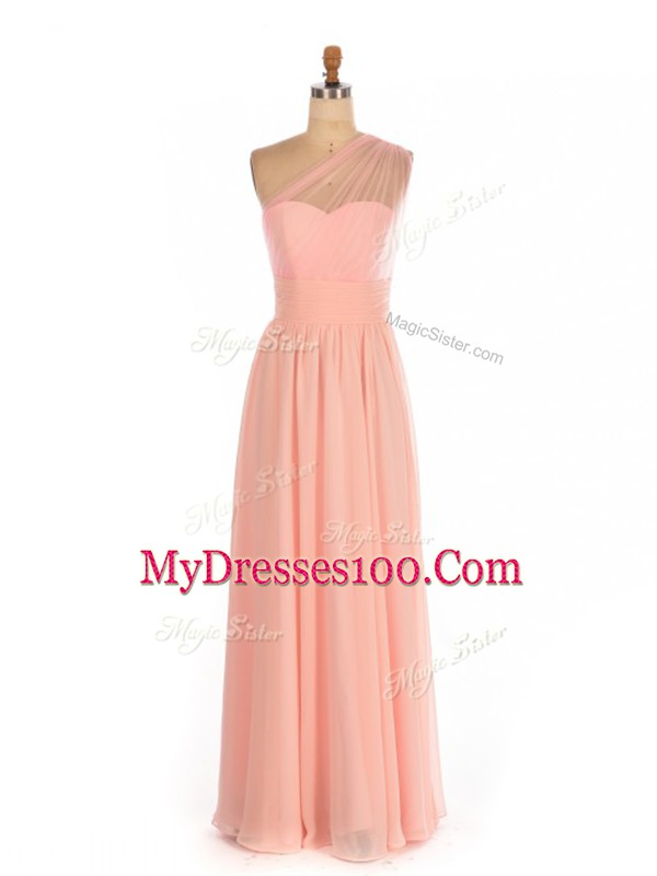 Cute Chiffon One Shoulder Sleeveless Side Zipper Ruching Bridesmaid Dresses in Peach