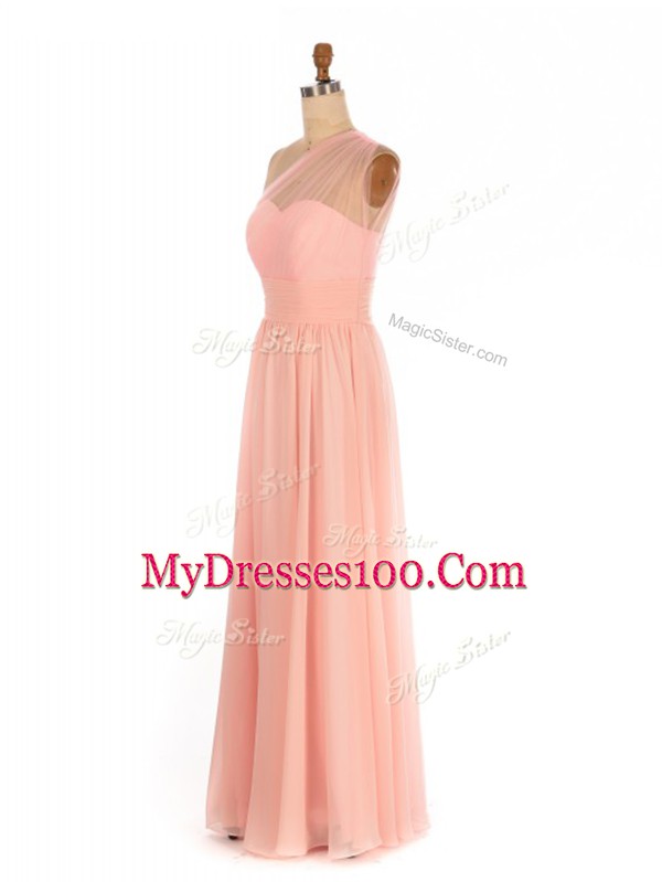 Cute Chiffon One Shoulder Sleeveless Side Zipper Ruching Bridesmaid Dresses in Peach