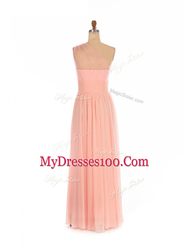 Cute Chiffon One Shoulder Sleeveless Side Zipper Ruching Bridesmaid Dresses in Peach