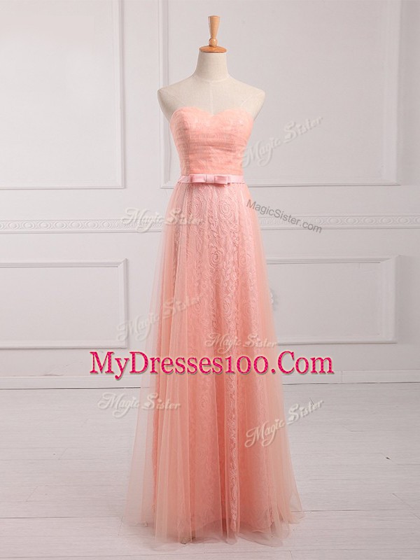Empire Wedding Party Dress Peach Sweetheart Tulle and Lace Sleeveless Floor Length Lace Up