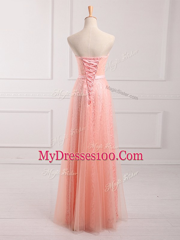 Empire Wedding Party Dress Peach Sweetheart Tulle and Lace Sleeveless Floor Length Lace Up