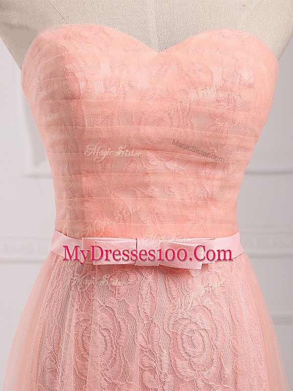 Empire Wedding Party Dress Peach Sweetheart Tulle and Lace Sleeveless Floor Length Lace Up