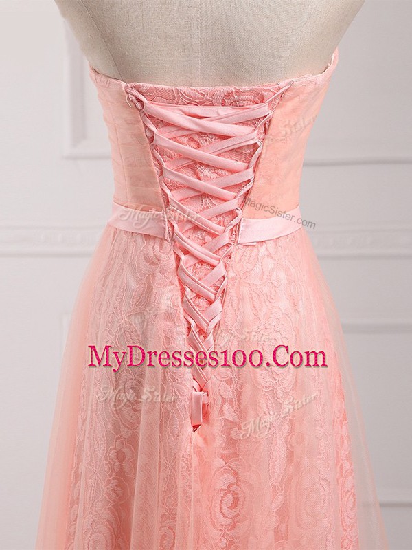 Empire Wedding Party Dress Peach Sweetheart Tulle and Lace Sleeveless Floor Length Lace Up