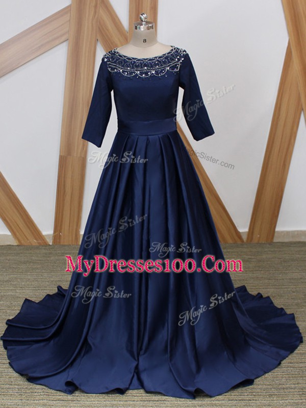 Stylish Navy Blue Satin Zipper Scoop 3 4 Length Sleeve Mother Dresses Brush Train Beading