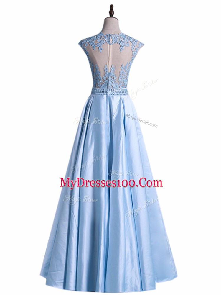 Floor Length Light Blue Prom Evening Gown Taffeta Sleeveless Beading and Lace
