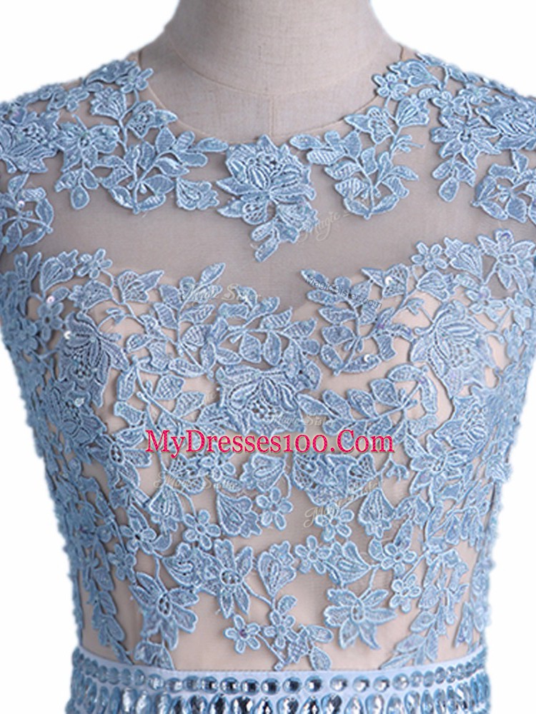 Floor Length Light Blue Prom Evening Gown Taffeta Sleeveless Beading and Lace