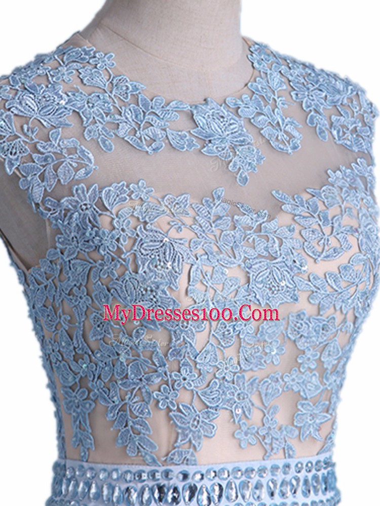 Floor Length Light Blue Prom Evening Gown Taffeta Sleeveless Beading and Lace
