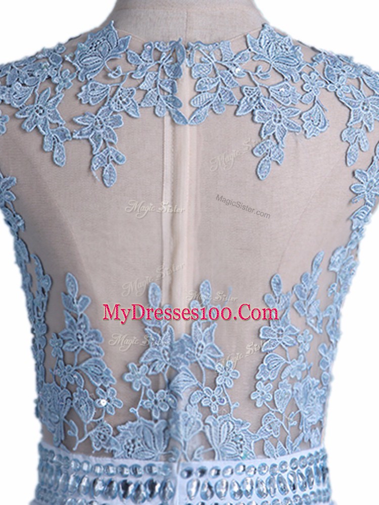 Floor Length Light Blue Prom Evening Gown Taffeta Sleeveless Beading and Lace