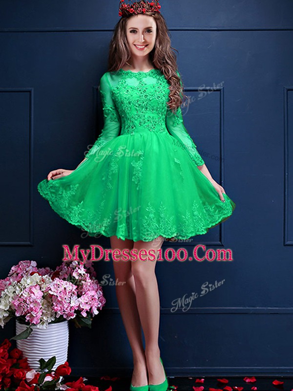 Apple Green Lace Up Bridesmaid Dresses Beading and Lace and Appliques 3 4 Length Sleeve Mini Length