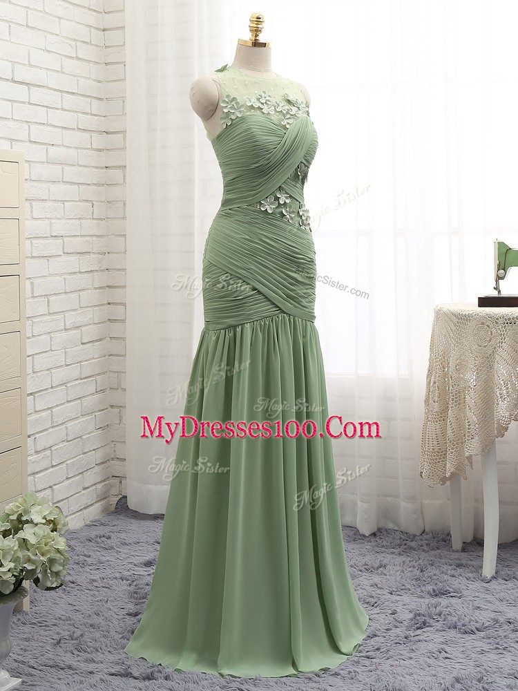 Free and Easy Olive Green Chiffon Zipper Scoop Sleeveless Prom Dresses Brush Train Ruching and Hand Made Flower