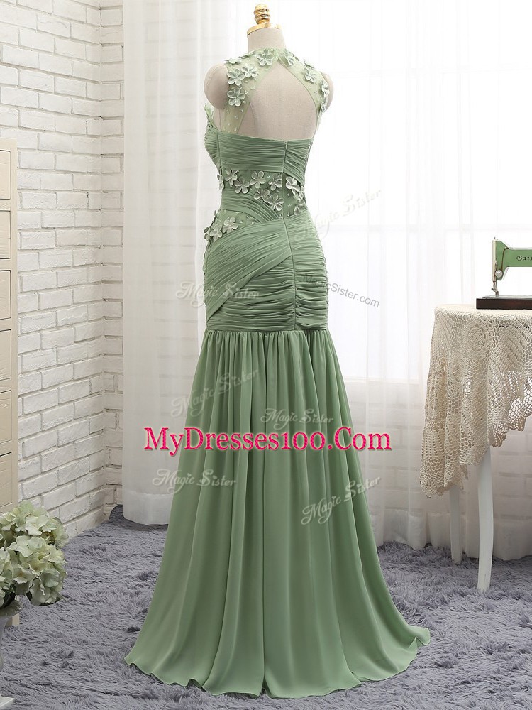 Free and Easy Olive Green Chiffon Zipper Scoop Sleeveless Prom Dresses Brush Train Ruching and Hand Made Flower