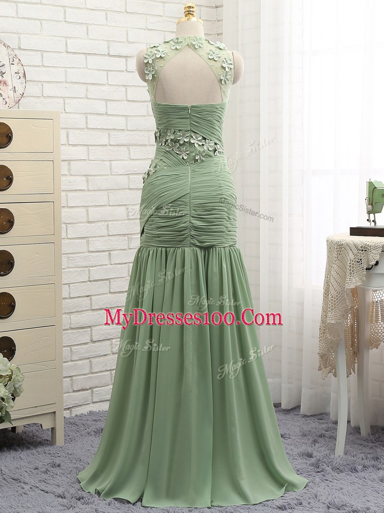 Free and Easy Olive Green Chiffon Zipper Scoop Sleeveless Prom Dresses Brush Train Ruching and Hand Made Flower