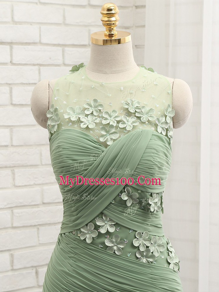 Free and Easy Olive Green Chiffon Zipper Scoop Sleeveless Prom Dresses Brush Train Ruching and Hand Made Flower