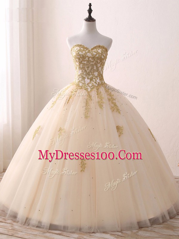 Sleeveless Tulle Floor Length Lace Up Sweet 16 Quinceanera Dress in Champagne with Beading and Lace and Appliques