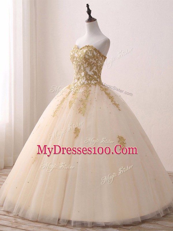 Sleeveless Tulle Floor Length Lace Up Sweet 16 Quinceanera Dress in Champagne with Beading and Lace and Appliques