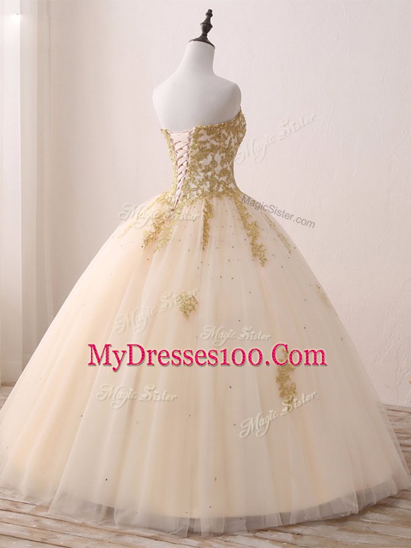 Sleeveless Tulle Floor Length Lace Up Sweet 16 Quinceanera Dress in Champagne with Beading and Lace and Appliques