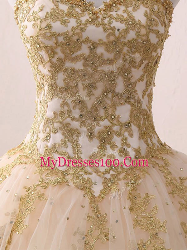 Sleeveless Tulle Floor Length Lace Up Sweet 16 Quinceanera Dress in Champagne with Beading and Lace and Appliques
