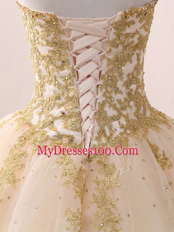 Sleeveless Tulle Floor Length Lace Up Sweet 16 Quinceanera Dress in Champagne with Beading and Lace and Appliques