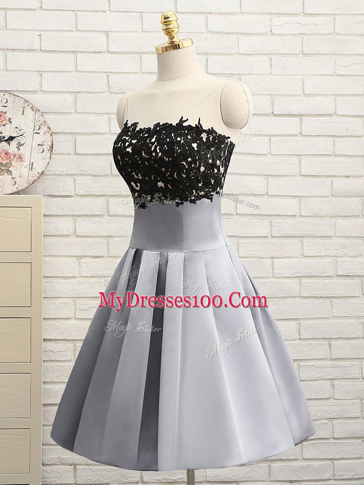 Grey Strapless Neckline Lace and Appliques Dress for Prom Sleeveless Side Zipper