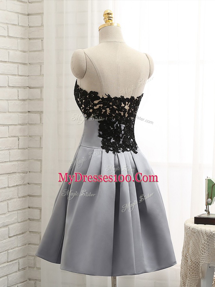 Grey Strapless Neckline Lace and Appliques Dress for Prom Sleeveless Side Zipper