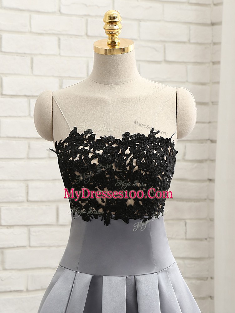 Grey Strapless Neckline Lace and Appliques Dress for Prom Sleeveless Side Zipper