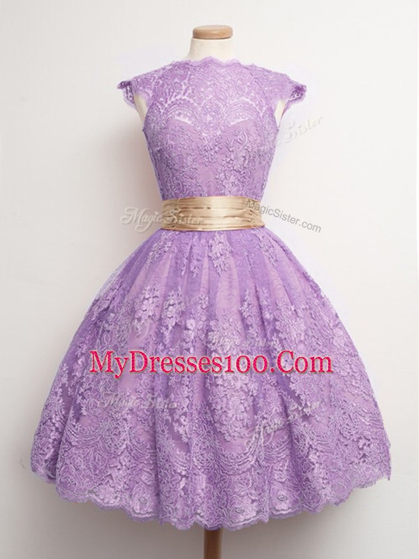 Ball Gowns Vestidos de Damas Lavender High-neck Lace Cap Sleeves Knee Length Lace Up