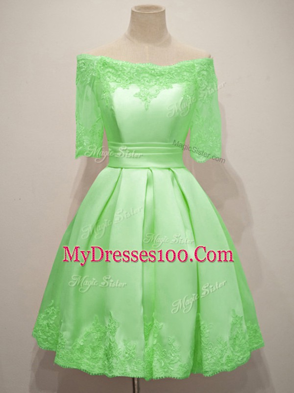 Ideal Taffeta Off The Shoulder Half Sleeves Lace Up Lace Bridesmaid Dresses in