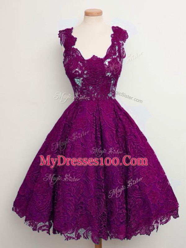Sophisticated Purple A-line Lace Damas Dress Lace Up Lace Sleeveless Knee Length