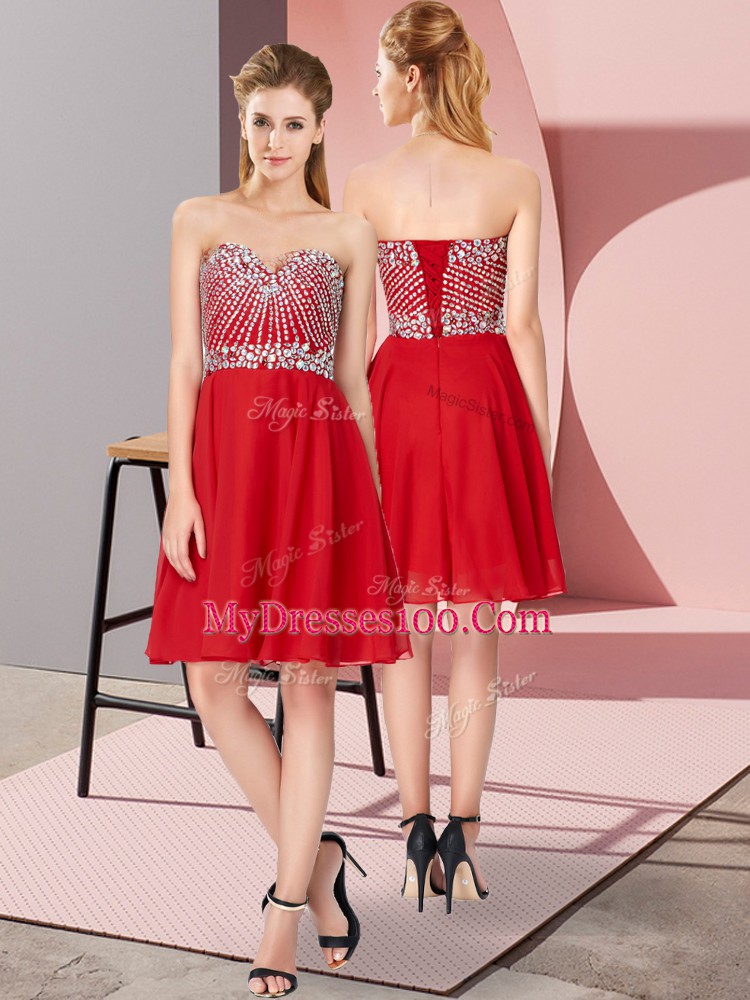 Knee Length Empire Sleeveless Red Prom Dress Lace Up