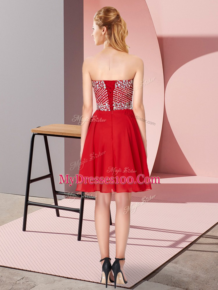 Knee Length Empire Sleeveless Red Prom Dress Lace Up