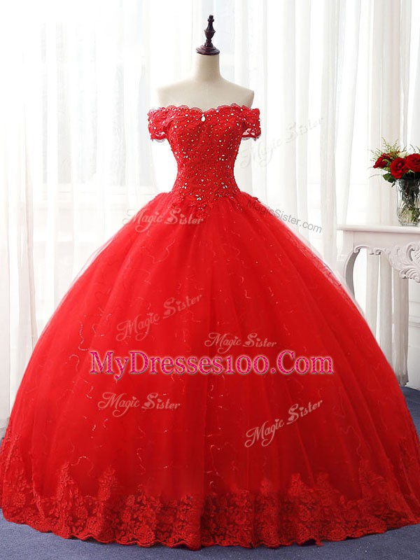 Admirable Floor Length Lace Up Ball Gown Prom Dress Red for Sweet 16 and Quinceanera with Beading and Ruffles