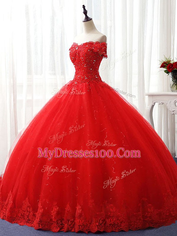 Admirable Floor Length Lace Up Ball Gown Prom Dress Red for Sweet 16 and Quinceanera with Beading and Ruffles