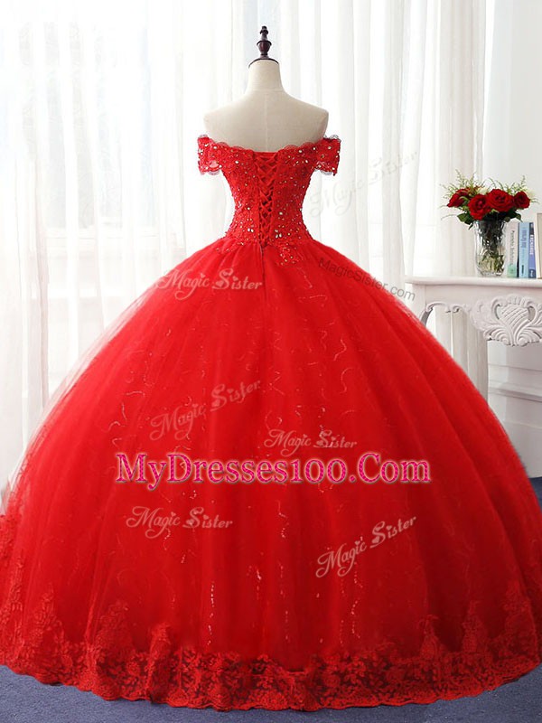 Admirable Floor Length Lace Up Ball Gown Prom Dress Red for Sweet 16 and Quinceanera with Beading and Ruffles