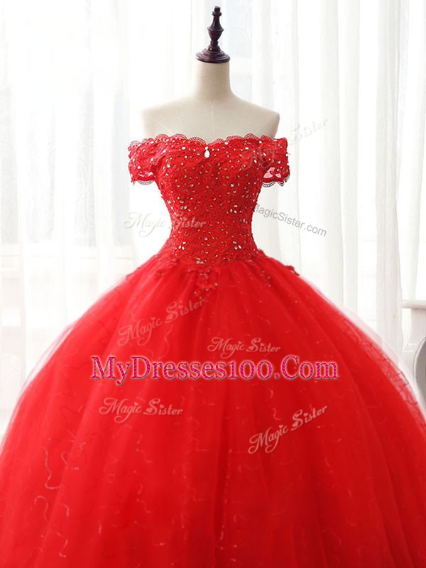 Admirable Floor Length Lace Up Ball Gown Prom Dress Red for Sweet 16 and Quinceanera with Beading and Ruffles