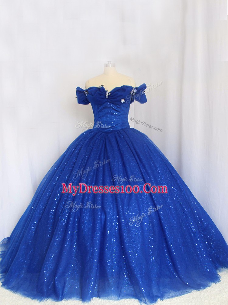 Floor Length Lace Up Quinceanera Gowns Royal Blue for Military Ball and Sweet 16 and Quinceanera with Hand Made Flower