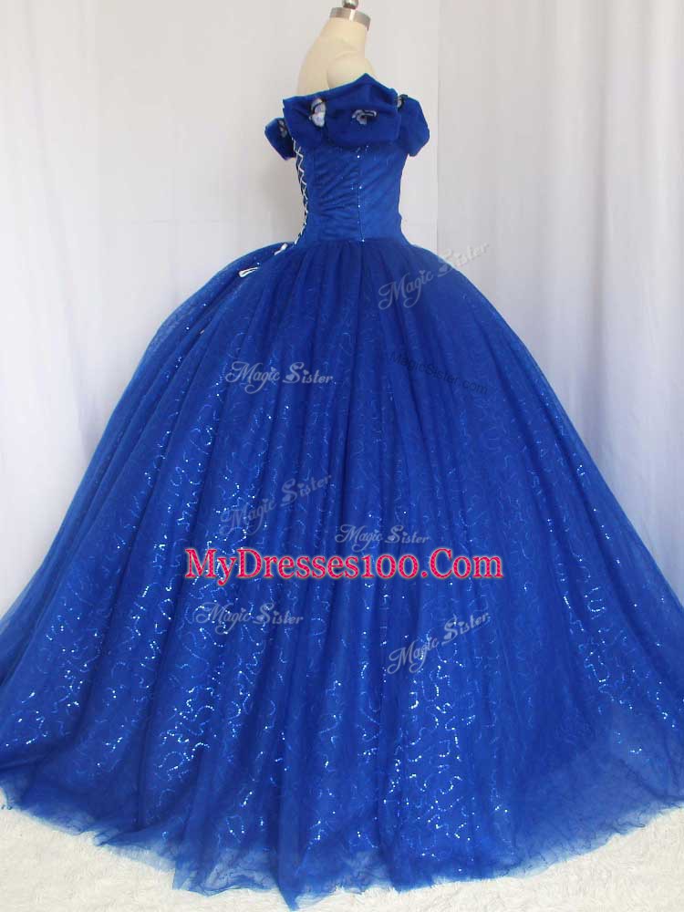 Floor Length Lace Up Quinceanera Gowns Royal Blue for Military Ball and Sweet 16 and Quinceanera with Hand Made Flower