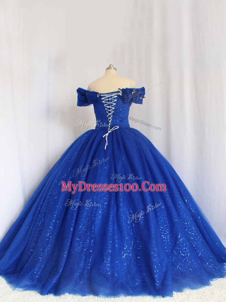 Floor Length Lace Up Quinceanera Gowns Royal Blue for Military Ball and Sweet 16 and Quinceanera with Hand Made Flower