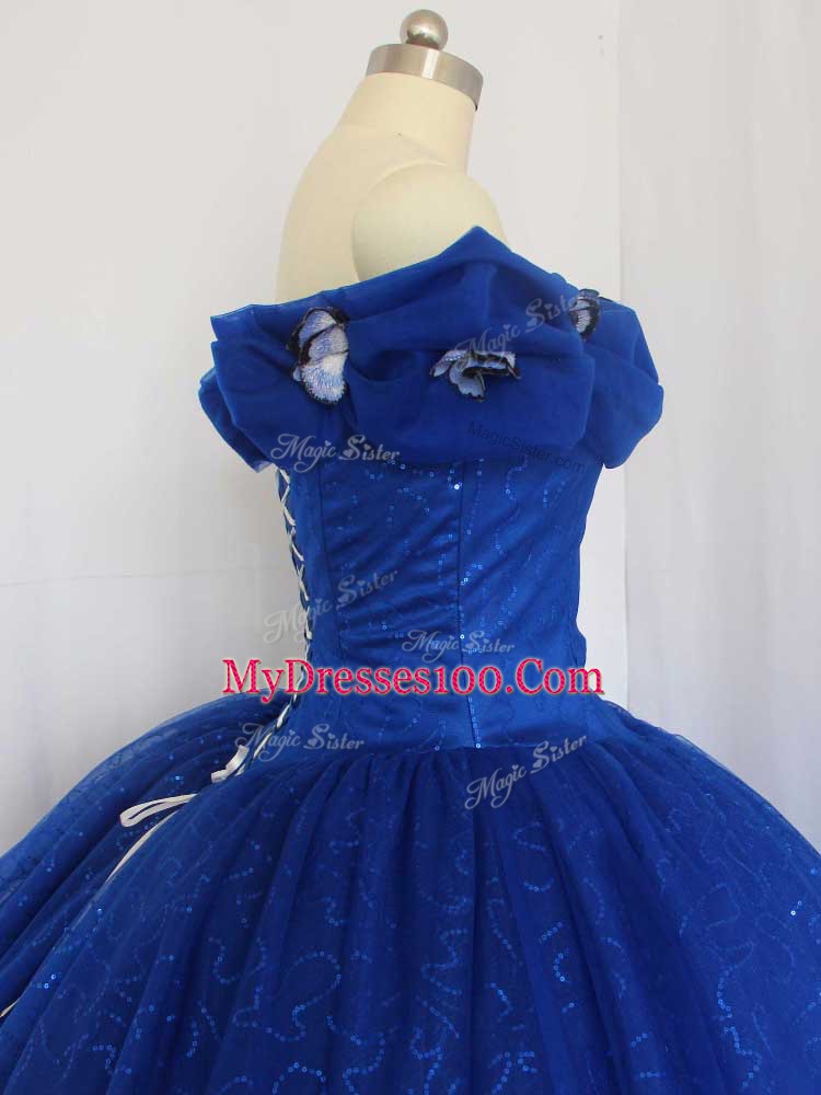 Floor Length Lace Up Quinceanera Gowns Royal Blue for Military Ball and Sweet 16 and Quinceanera with Hand Made Flower
