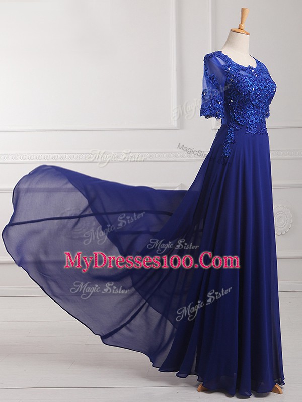Top Selling Scoop Half Sleeves Mother Of The Bride Dress Floor Length Lace and Appliques Royal Blue Chiffon