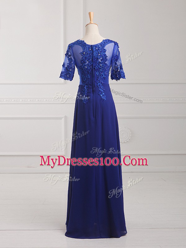 Top Selling Scoop Half Sleeves Mother Of The Bride Dress Floor Length Lace and Appliques Royal Blue Chiffon