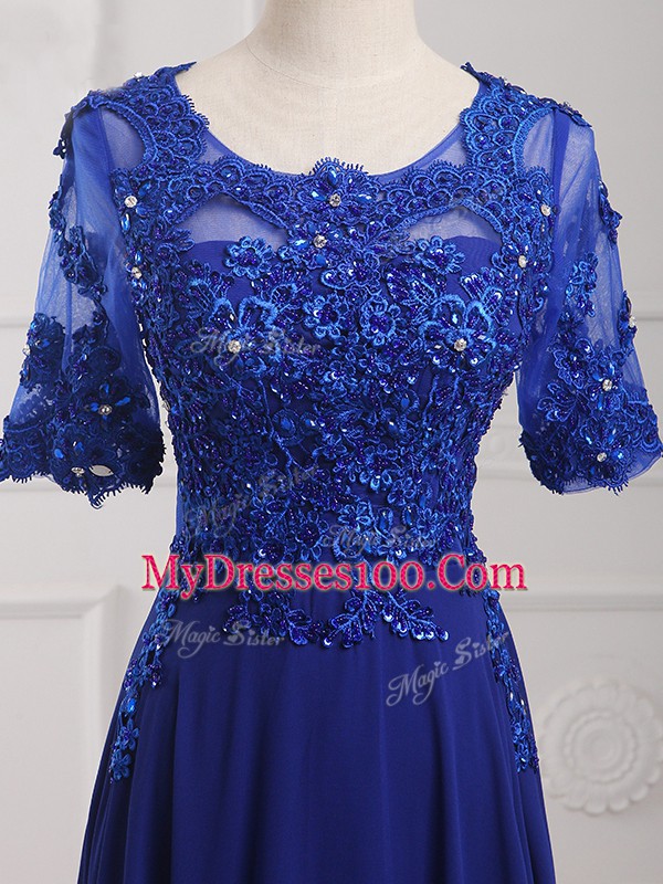 Top Selling Scoop Half Sleeves Mother Of The Bride Dress Floor Length Lace and Appliques Royal Blue Chiffon