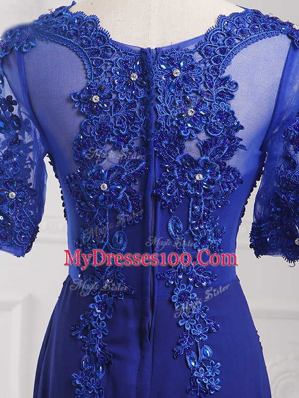 Top Selling Scoop Half Sleeves Mother Of The Bride Dress Floor Length Lace and Appliques Royal Blue Chiffon
