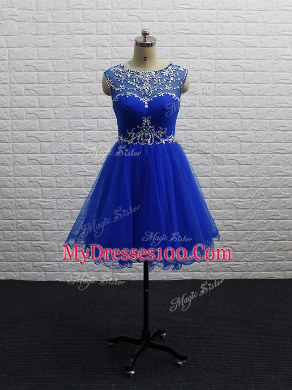 Royal Blue Zipper Scoop Beading and Ruching Club Wear Tulle Sleeveless